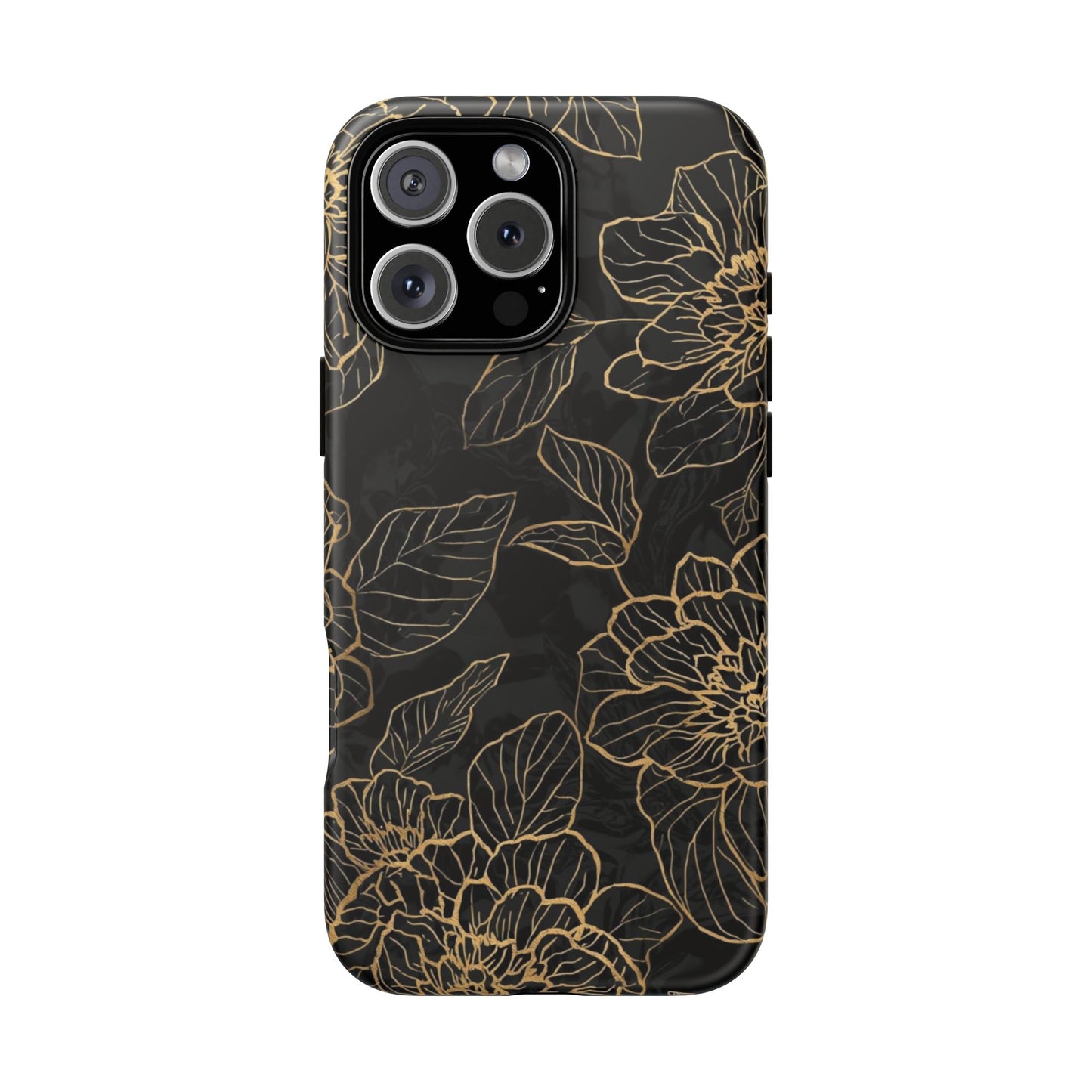 Floral Gold Outline Tough Phone Case – Black Botanical Protective Cover
