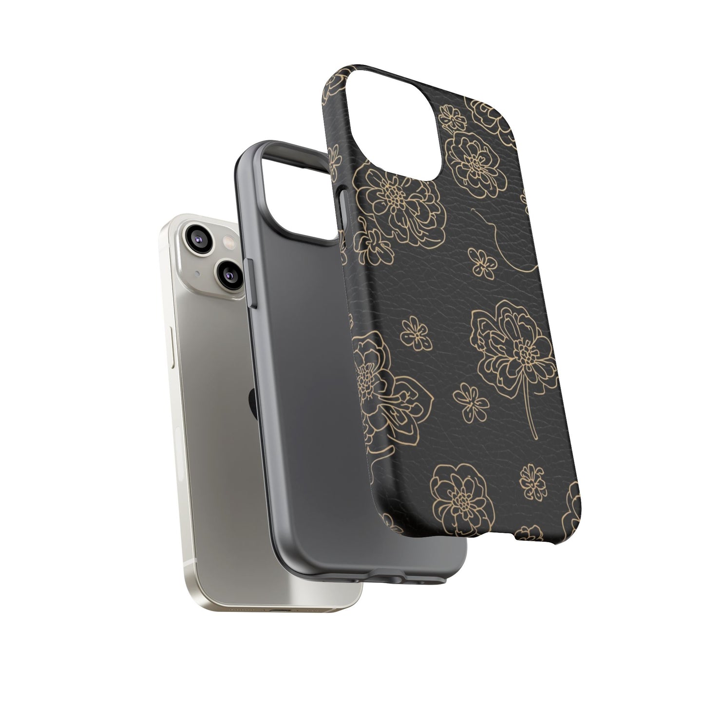 Floral Leather-Texture Tough Case – Black Gold Outline Phone Cover