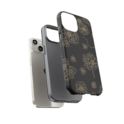 Floral Leather-Texture Tough Case – Black Gold Outline Phone Cover