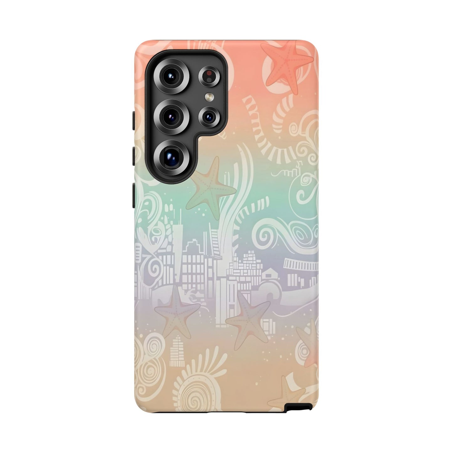 Tough Cases: Pastel Beach Pattern Phone Case — Starfish & Coastal Cityscape Protective Cover
