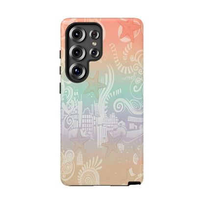 Tough Cases: Pastel Beach Pattern Phone Case — Starfish & Coastal Cityscape Protective Cover
