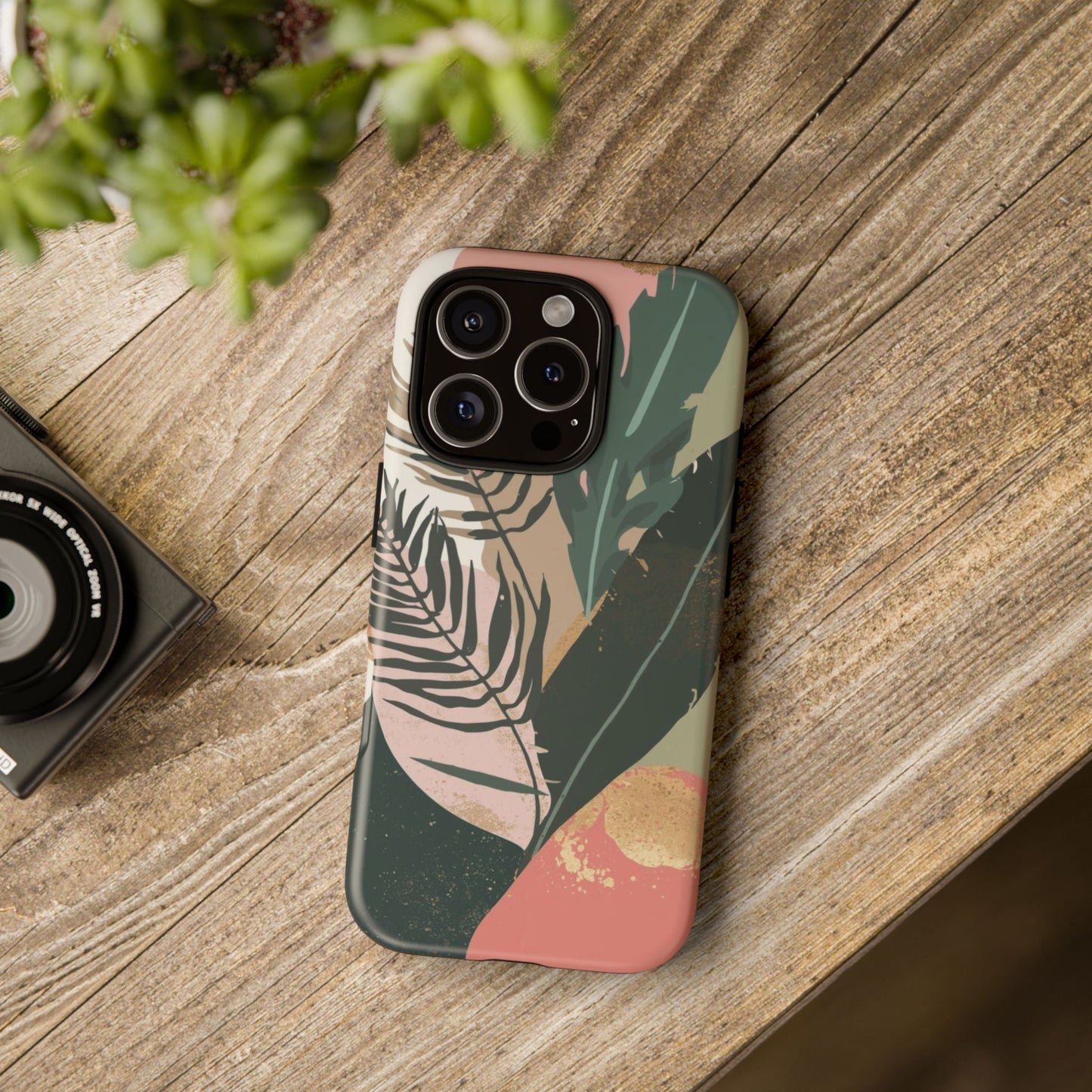 Tropical Leaf Tough Phone Case — Abstract Pink & Green Botanical Protective Cover