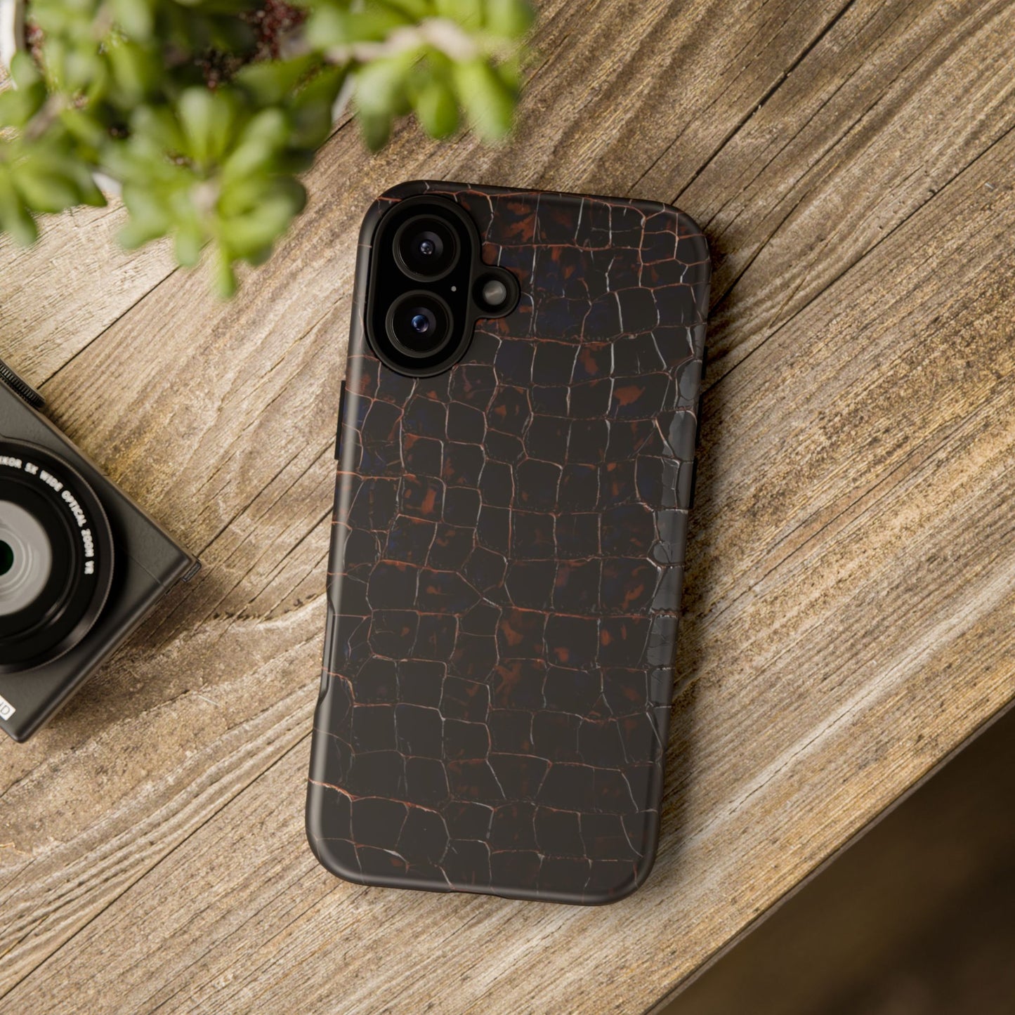 Croc-Embossed Tough Phone Case — Shockproof Black Alligator Texture