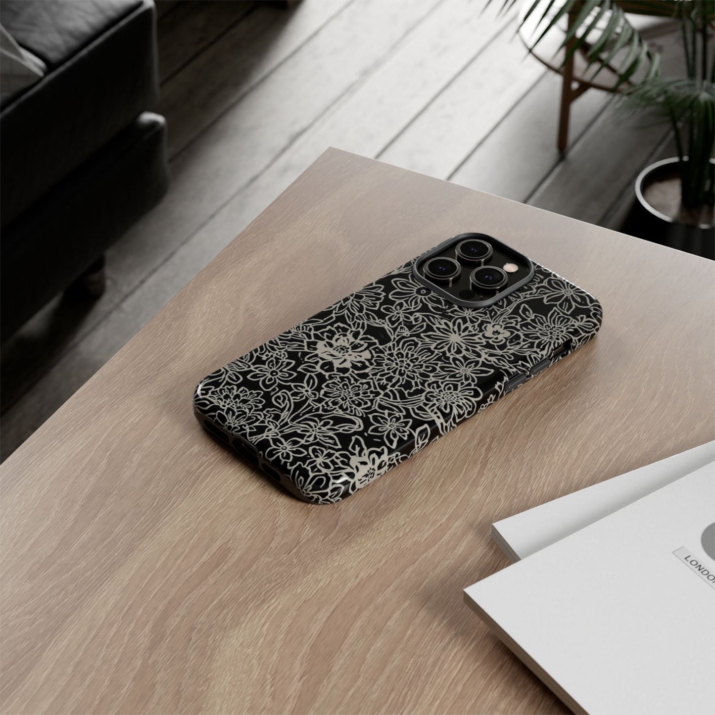Floral Doodle Tough Phone Case — Black & White Sketch Flower Protective Cover