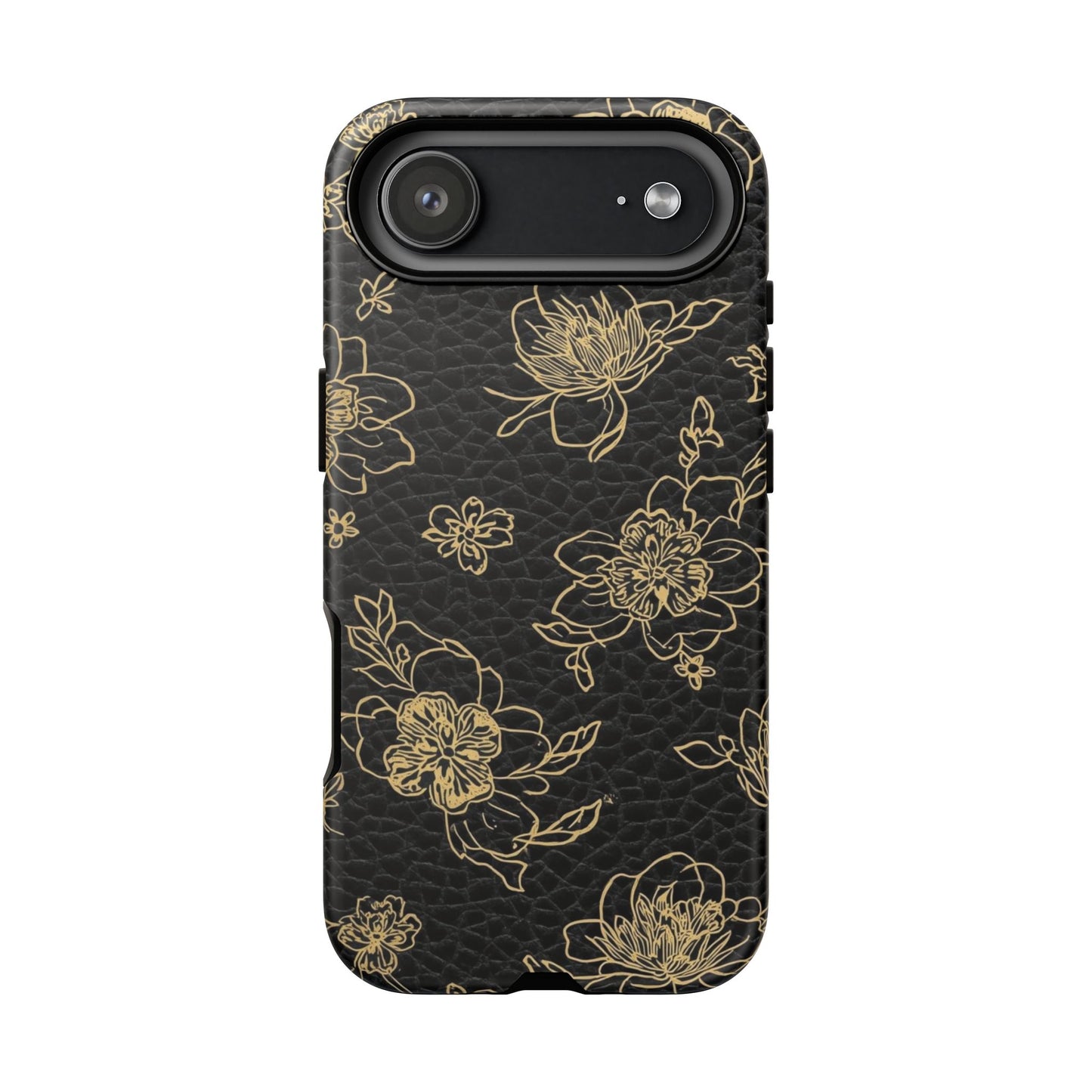 Floral Leather Phone Case — Gold Outline Flowers on Black Tough Case