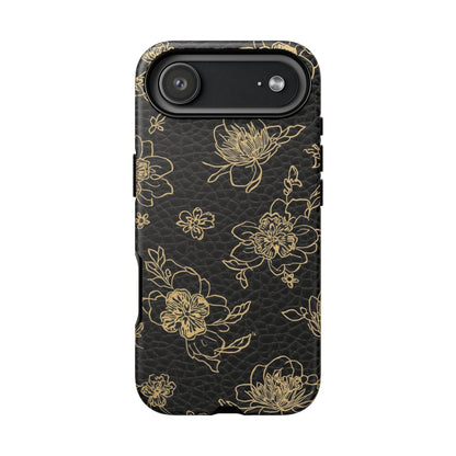 Floral Leather Phone Case — Gold Outline Flowers on Black Tough Case