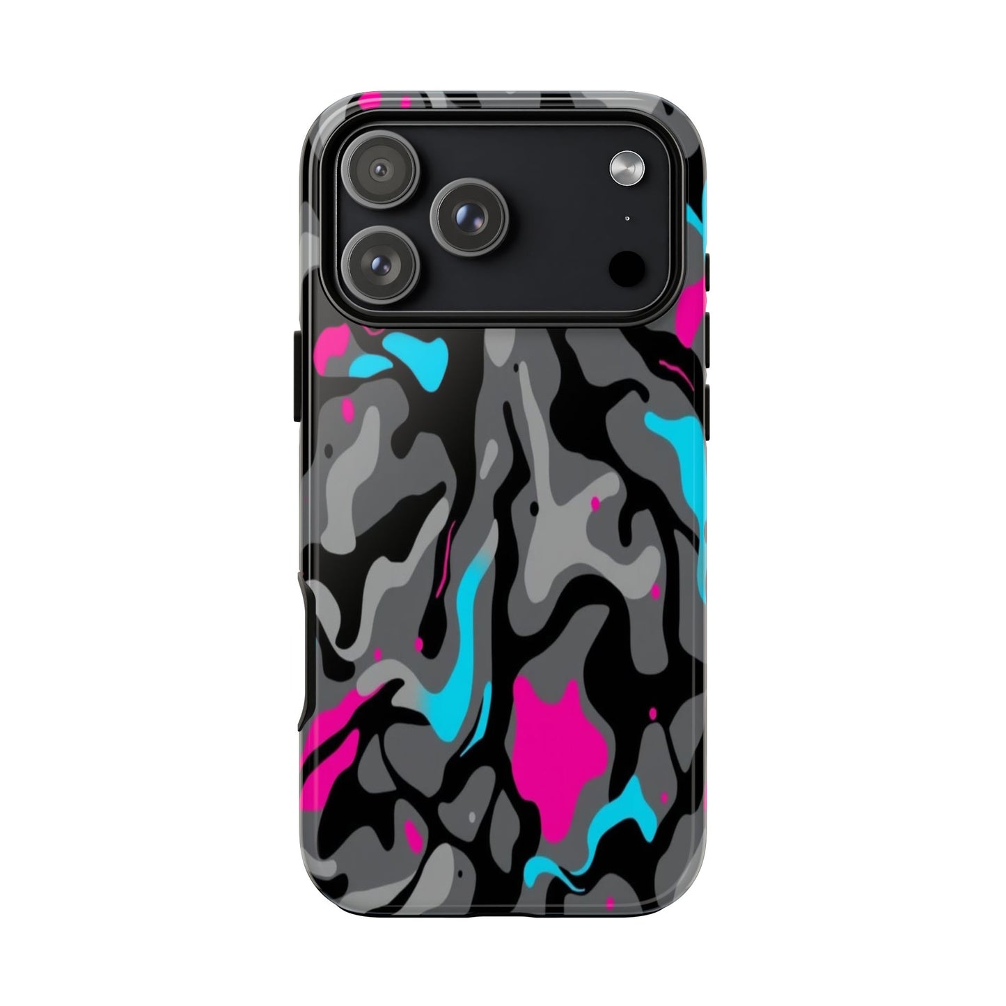 Camouflage Phone Case — Gray Camo with Neon Pink & Cyan Accent Tough Protective Cover