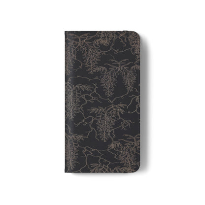 Botanical Noir Flip Phone Case — Dark Floral Wallet Cover with Card Slots