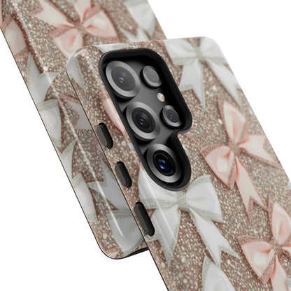 Glitter Bow Tough Phone Case — Pink & White Ribbon Protective Cover