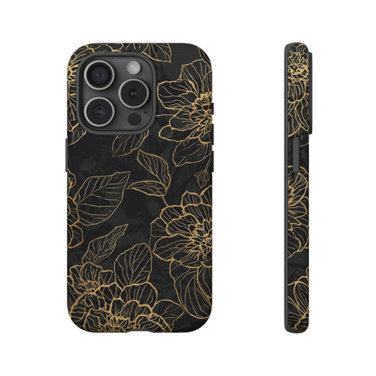 Floral Gold Outline Tough Phone Case – Black Botanical Protective Cover