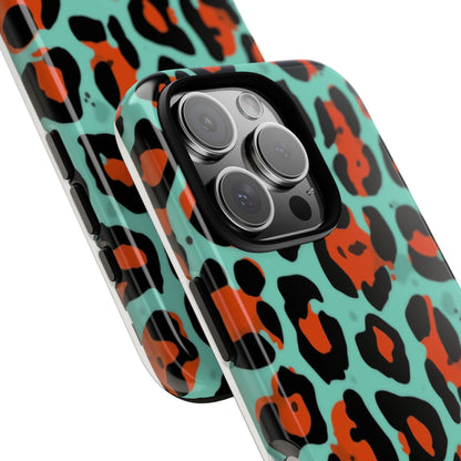 Leopard Print Tough Phone Case — Teal & Rust Protective iPhone Cover