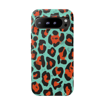 Leopard Print Tough Phone Case — Teal & Rust Protective iPhone Cover