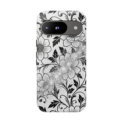 Floral Lace Phone Case — Black & White Vintage Flower Protective Case