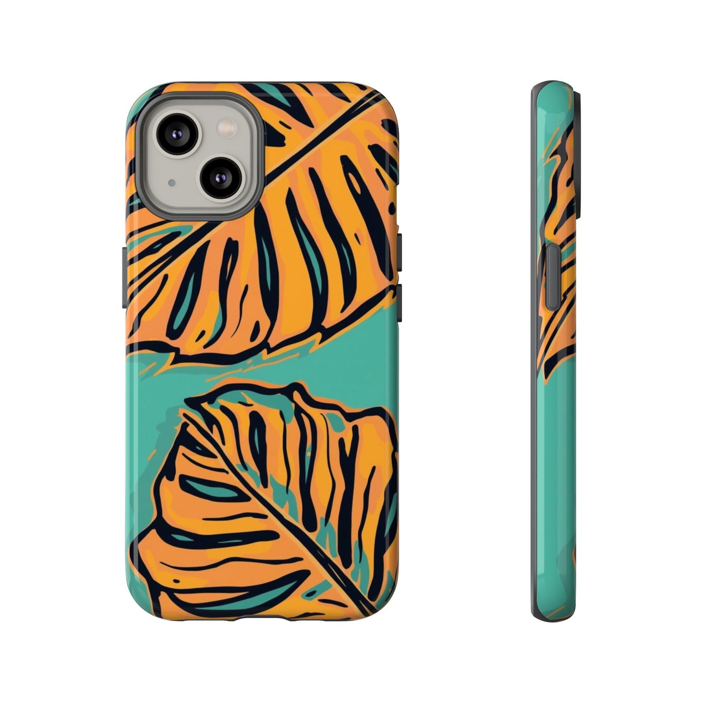 Tropical Leaf Tough Phone Case — Orange Monstera Design on Teal