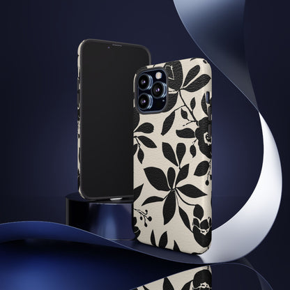 Black Floral Pattern Phone Case — Monochrome Botanical Tough Case