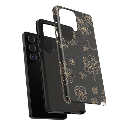 Floral Leather-Texture Tough Case – Black Gold Outline Phone Cover