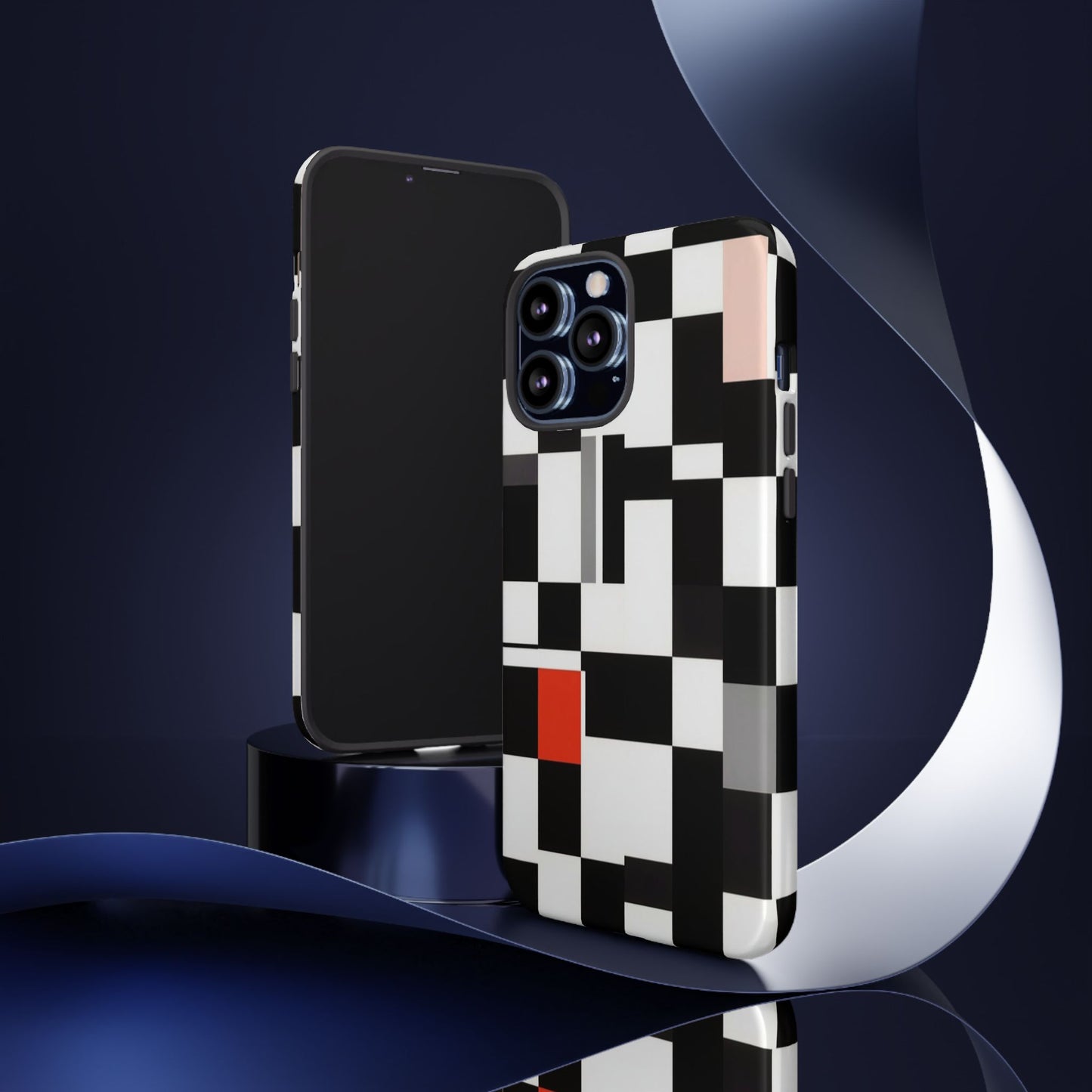Abstract Geometric Phone Case – Black & White Checker Grid with Red Accent