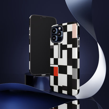 Abstract Geometric Phone Case – Black & White Checker Grid with Red Accent