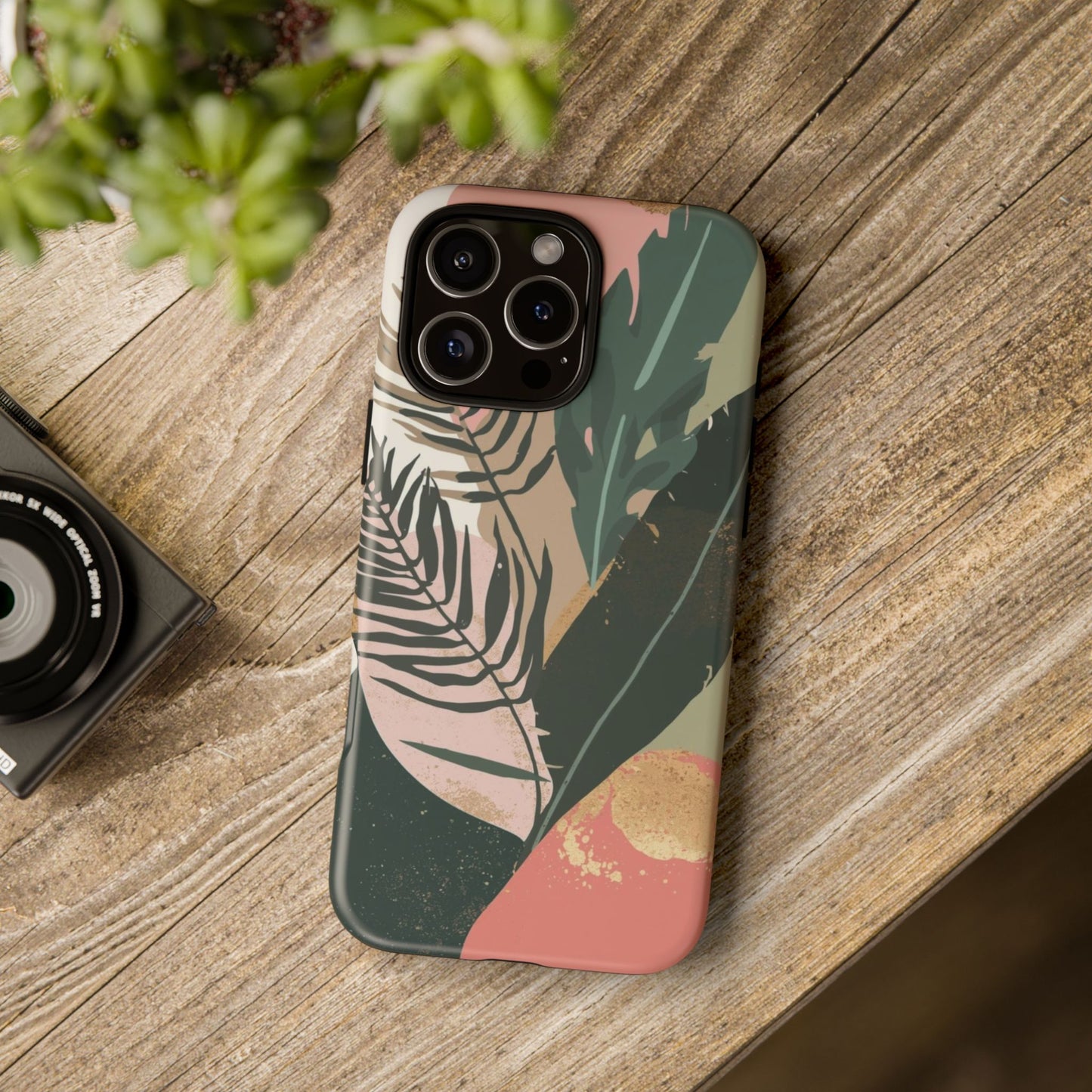 Tropical Leaf Tough Phone Case — Abstract Pink & Green Botanical Protective Cover