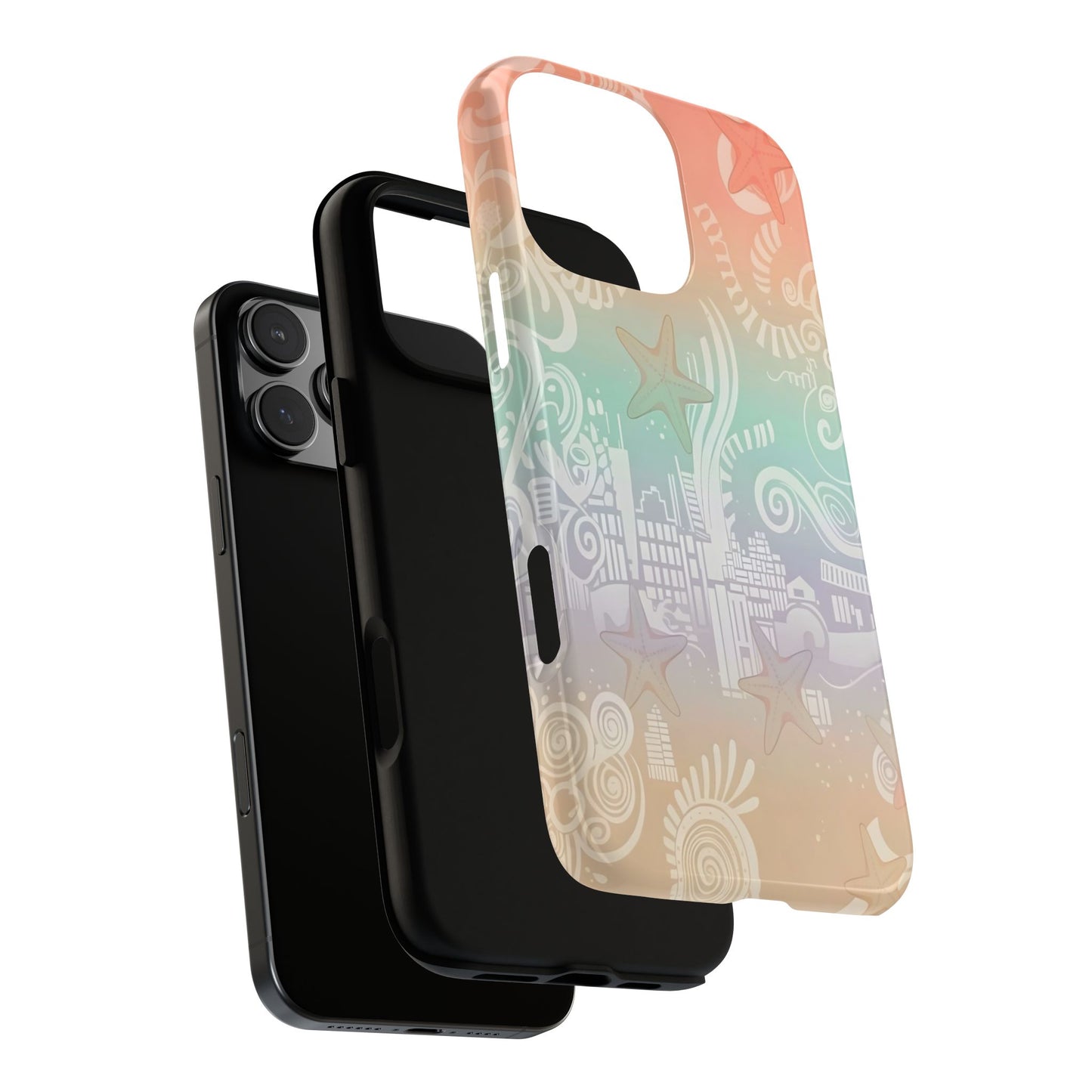 Tough Cases: Pastel Beach Pattern Phone Case — Starfish & Coastal Cityscape Protective Cover
