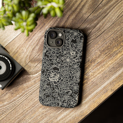 Floral Doodle Tough Phone Case — Black & White Sketch Flower Protective Cover