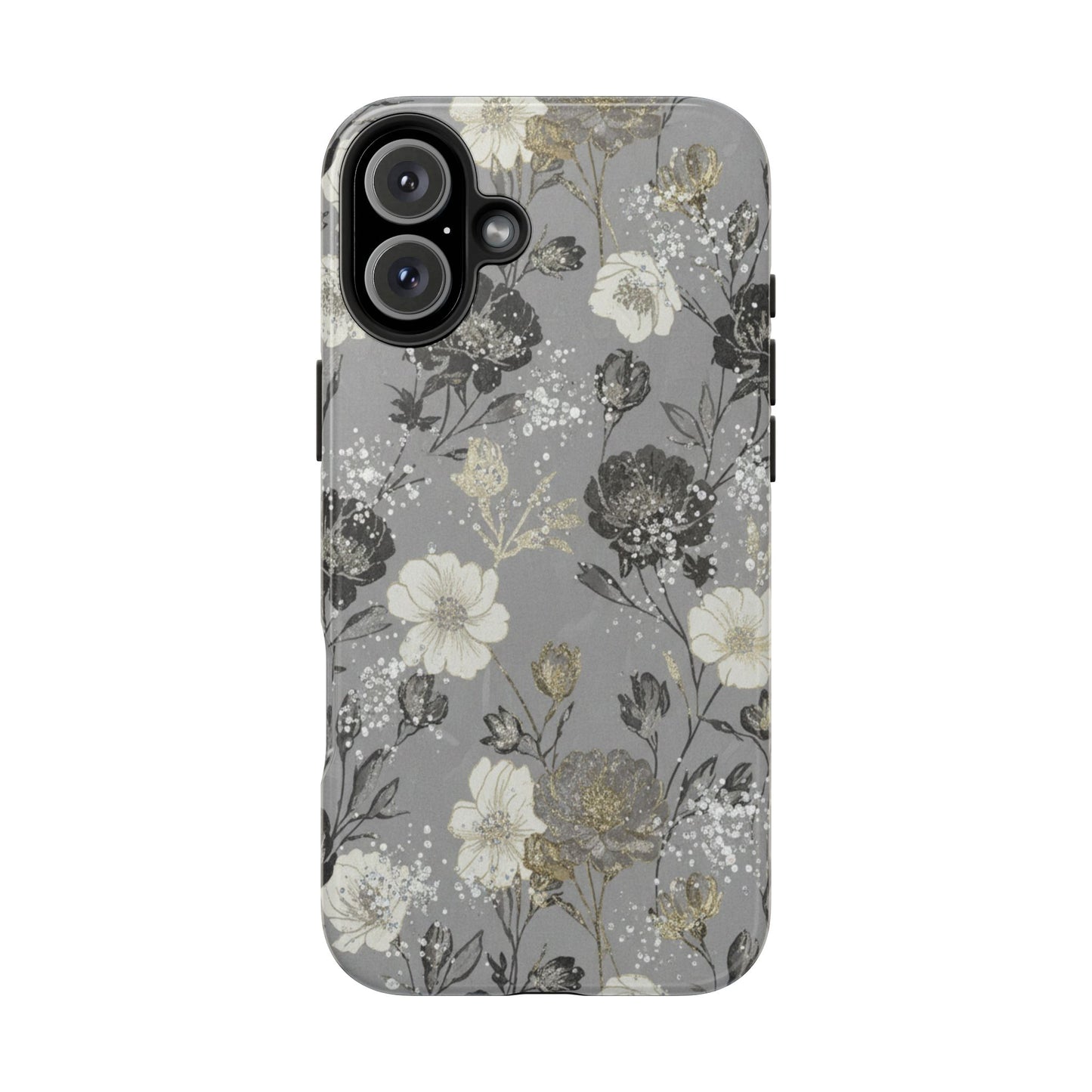 Floral Gray Tough Phone Case — Elegant Protective Phone Cover with Gold Accent