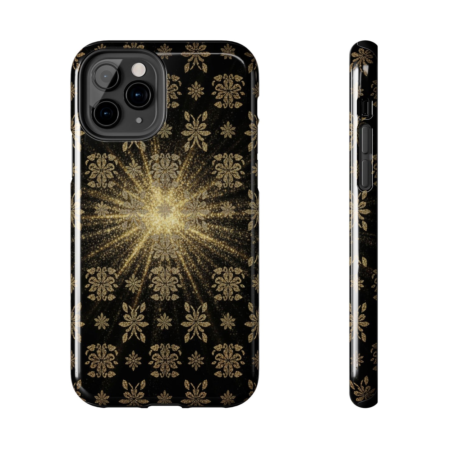 Glitter Burst Tough Phone Case — Black & Gold Floral Protective Cover