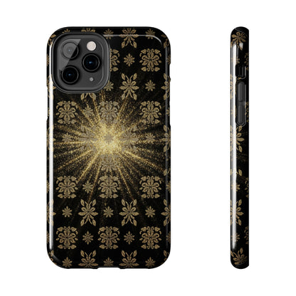 Glitter Burst Tough Phone Case — Black & Gold Floral Protective Cover
