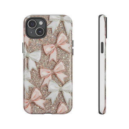 Glitter Bow Tough Phone Case — Pink & White Ribbon Protective Cover