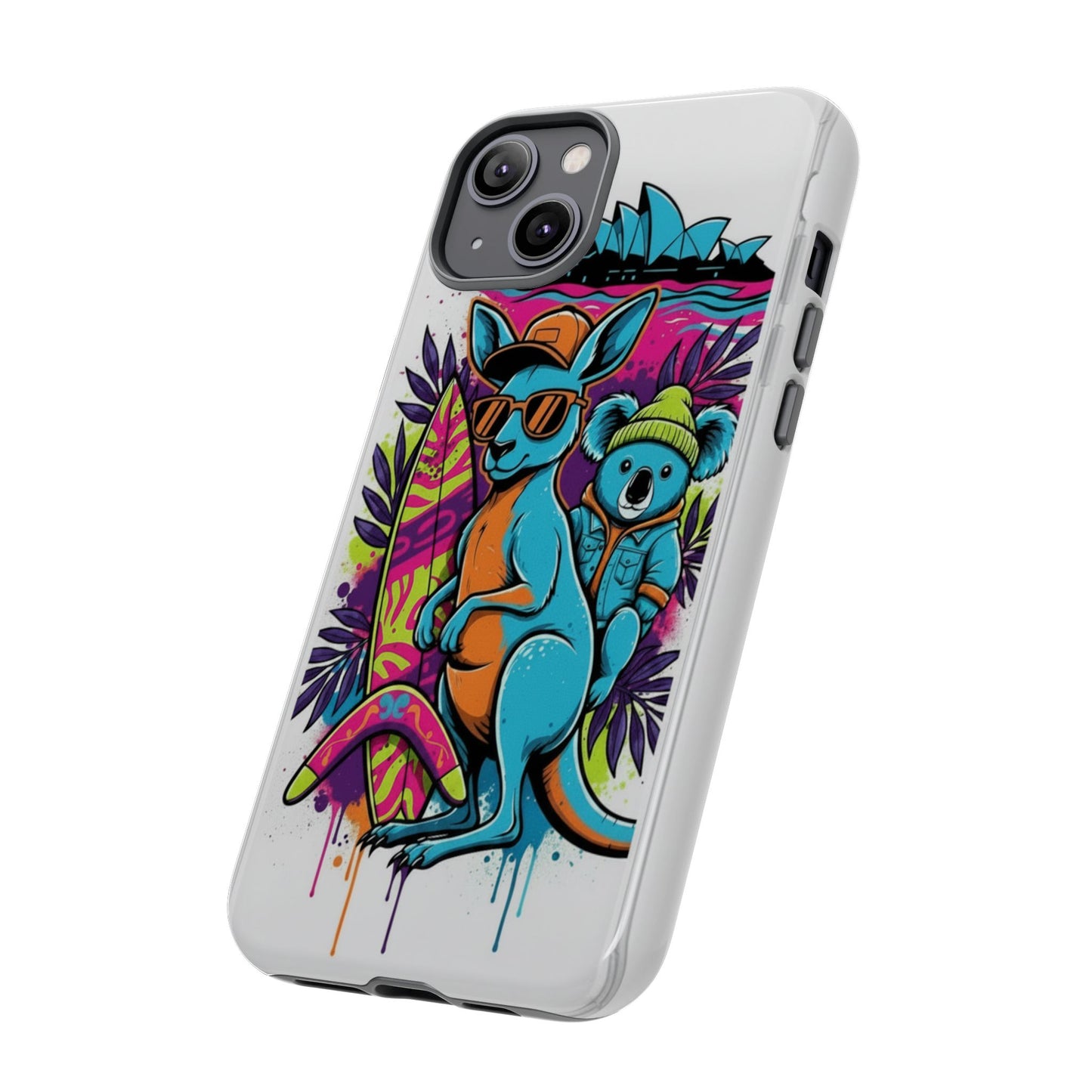 Kangaroo & Koala Surf Phone Case — Retro Neon Beach Art Tough Case