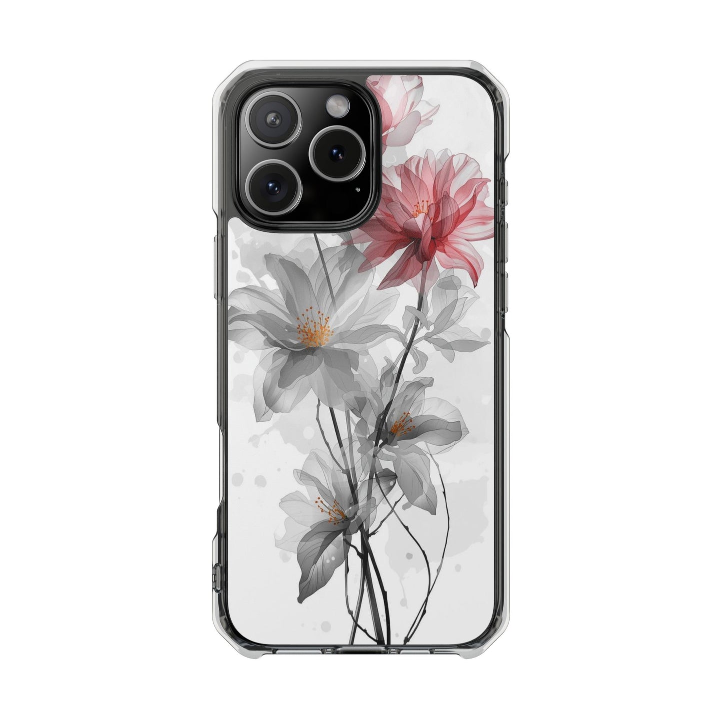 Clear Magnetic Phone Case — Watercolor Pink & Gray Floral Impact Protection