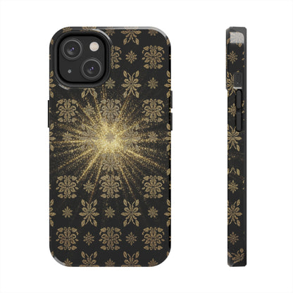 Glitter Burst Tough Phone Case — Black & Gold Floral Protective Cover