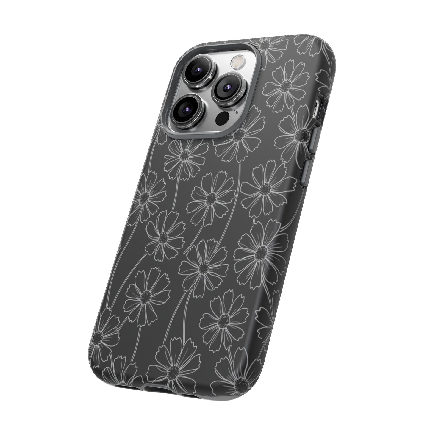 Floral Doodle Tough Phone Case — Black & Gray Daisy Pattern