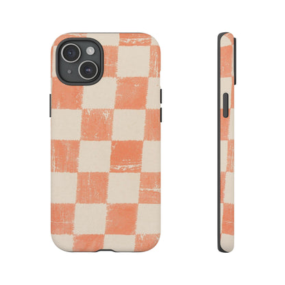 Peach Checkerboard Tough Phone Case — Retro Distressed Grid Design