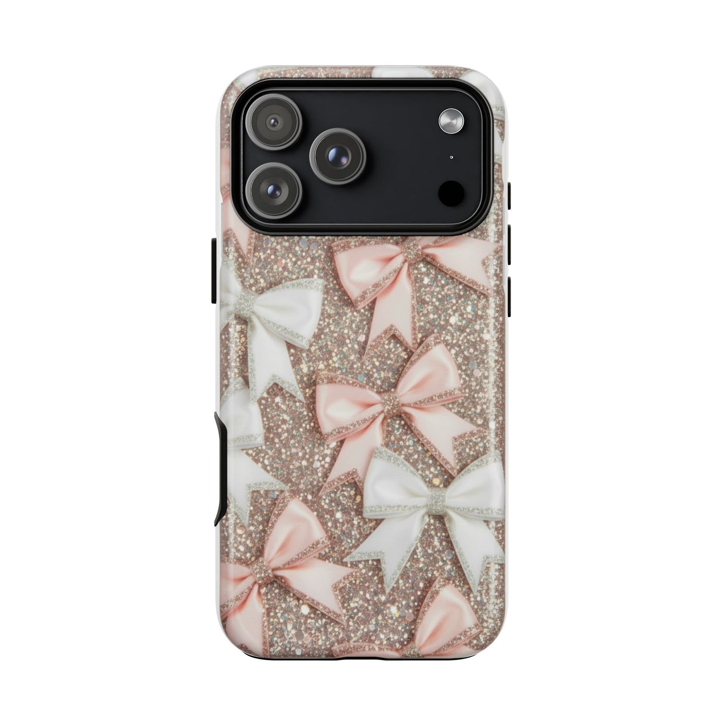 Glitter Bow Tough Phone Case — Pink & White Ribbon Protective Cover