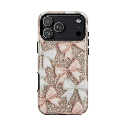 Glitter Bow Tough Phone Case — Pink & White Ribbon Protective Cover