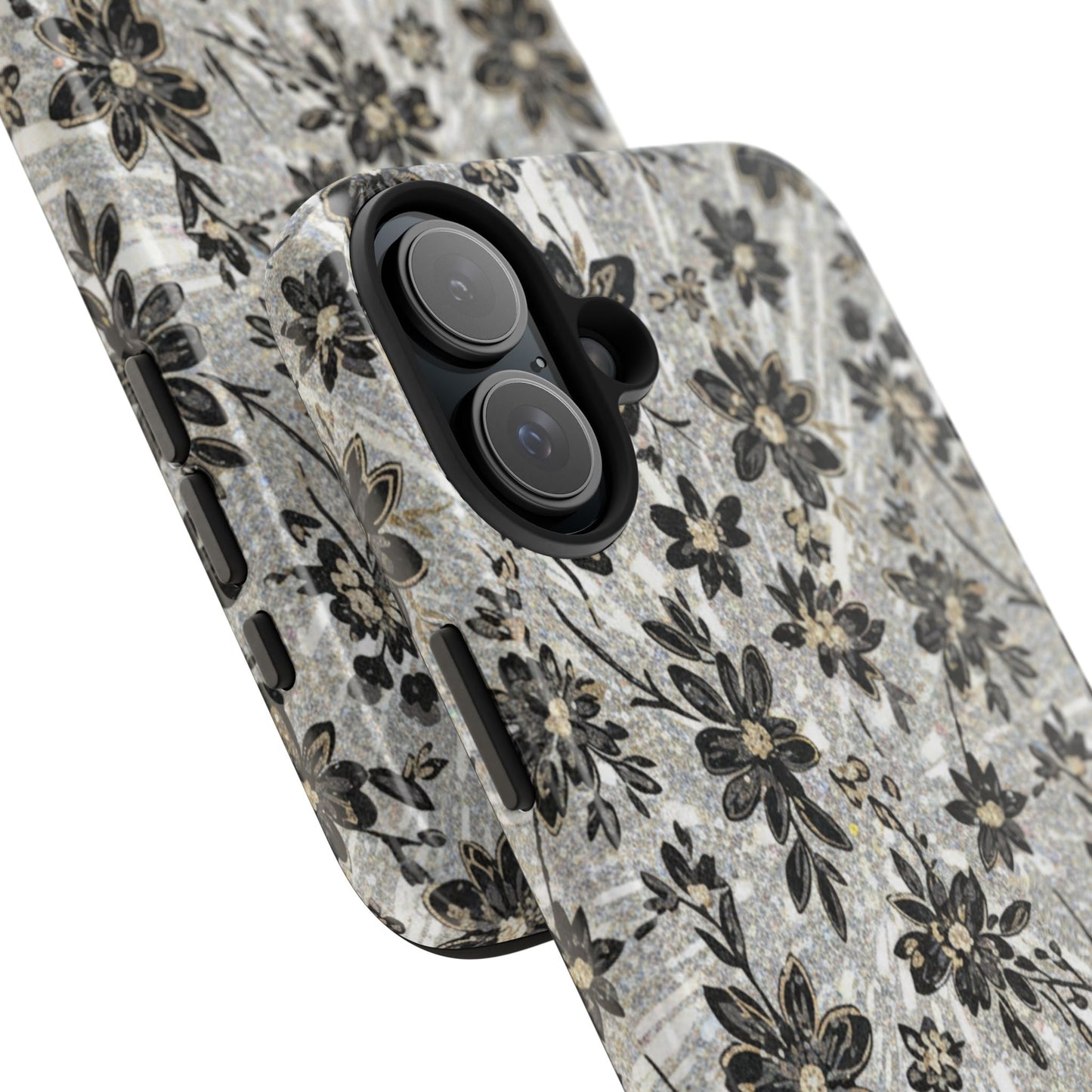 Floral Vintage Tough Phone Case — Black & Gray Rustic Flower Protective Case
