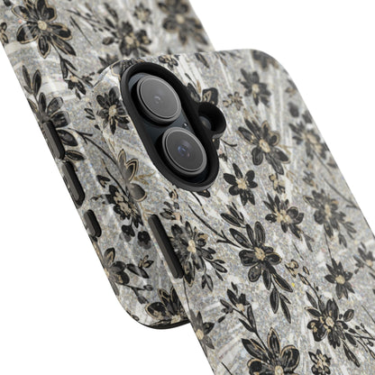 Floral Vintage Tough Phone Case — Black & Gray Rustic Flower Protective Case
