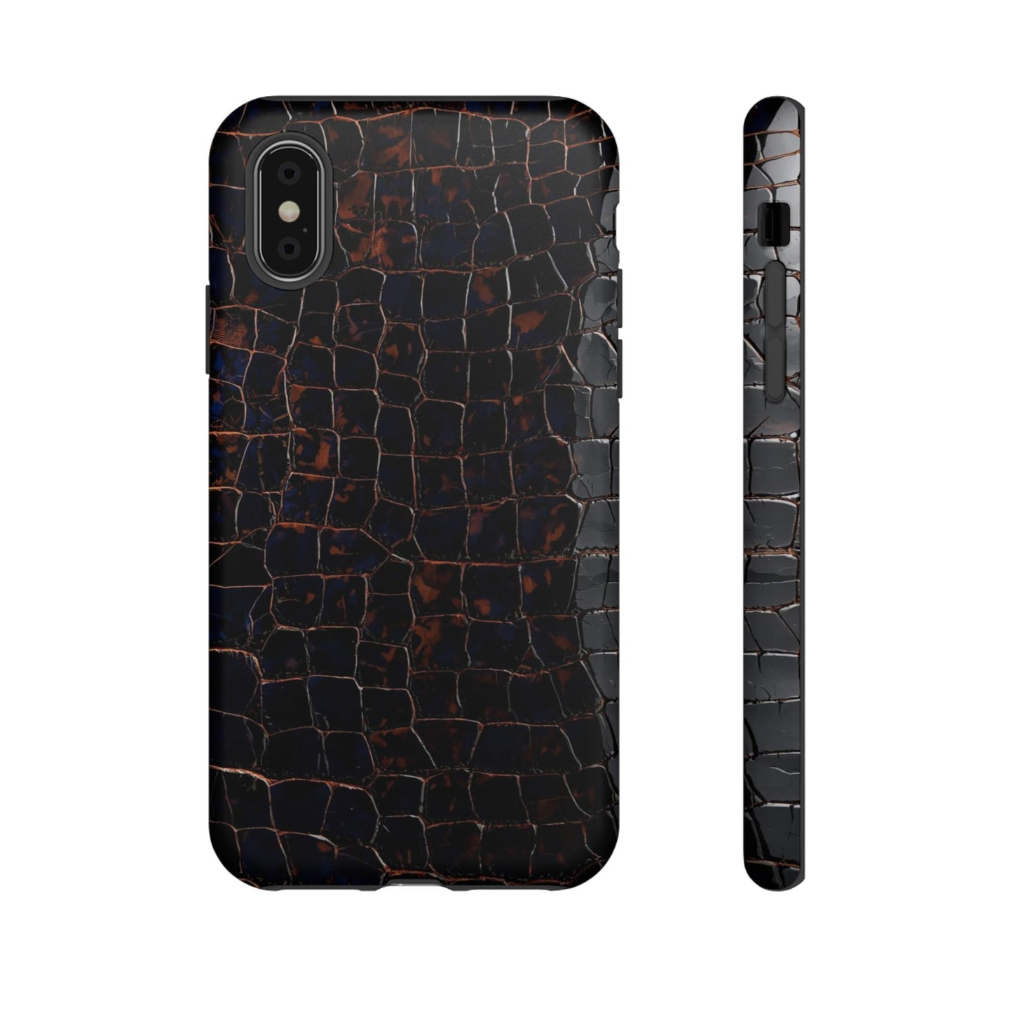 Croc-Embossed Tough Phone Case — Shockproof Black Alligator Texture