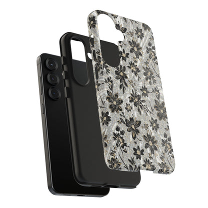 Floral Vintage Tough Phone Case — Black & Gray Rustic Flower Protective Case