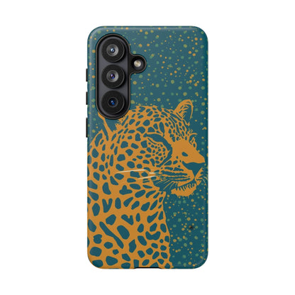 Leopard Print Tough Phone Case — Gold Panther on Teal, Protective iPhone Cover