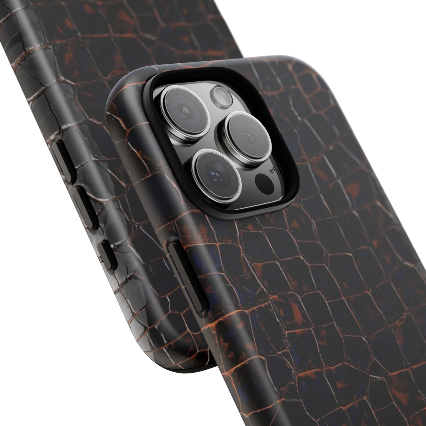 Croc-Embossed Tough Phone Case — Shockproof Black Alligator Texture