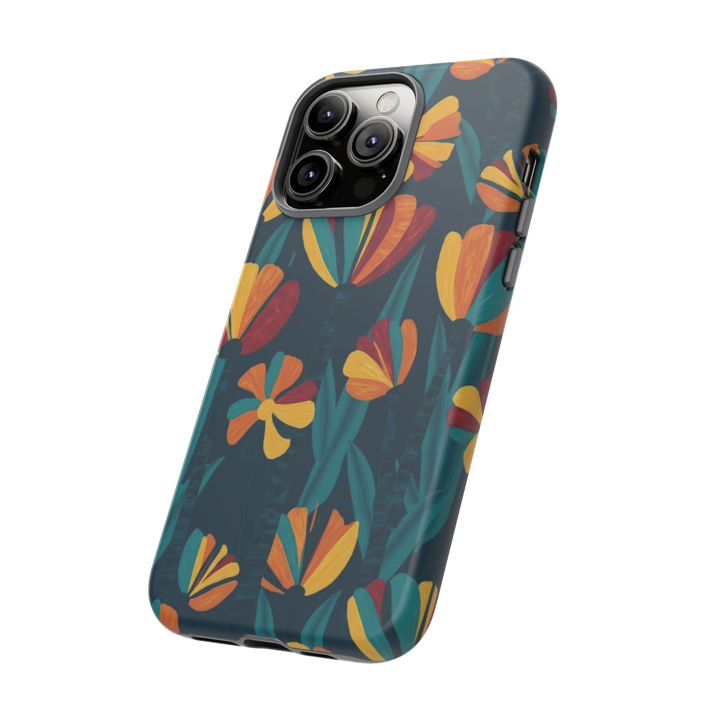 Floral Retro Teal Tough Phone Case — Vibrant Orange & Mustard Blooms