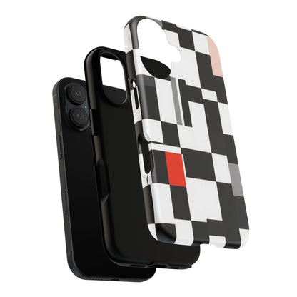 Abstract Geometric Phone Case – Black & White Checker Grid with Red Accent