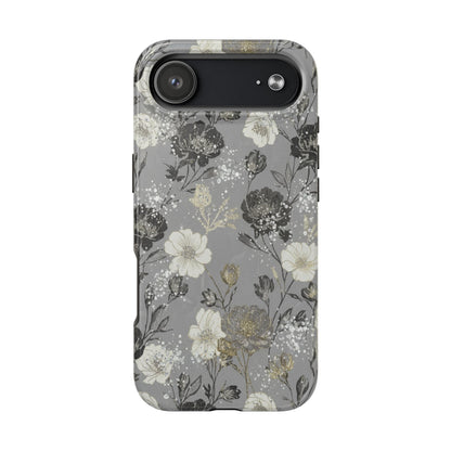Floral Gray Tough Phone Case — Elegant Protective Phone Cover with Gold Accent