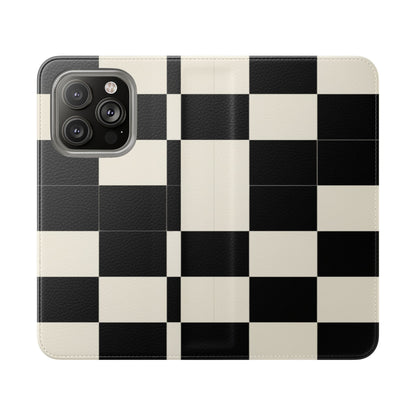 Checkered Flip Phone Case – Black & Cream Retro Grid Wallet Case