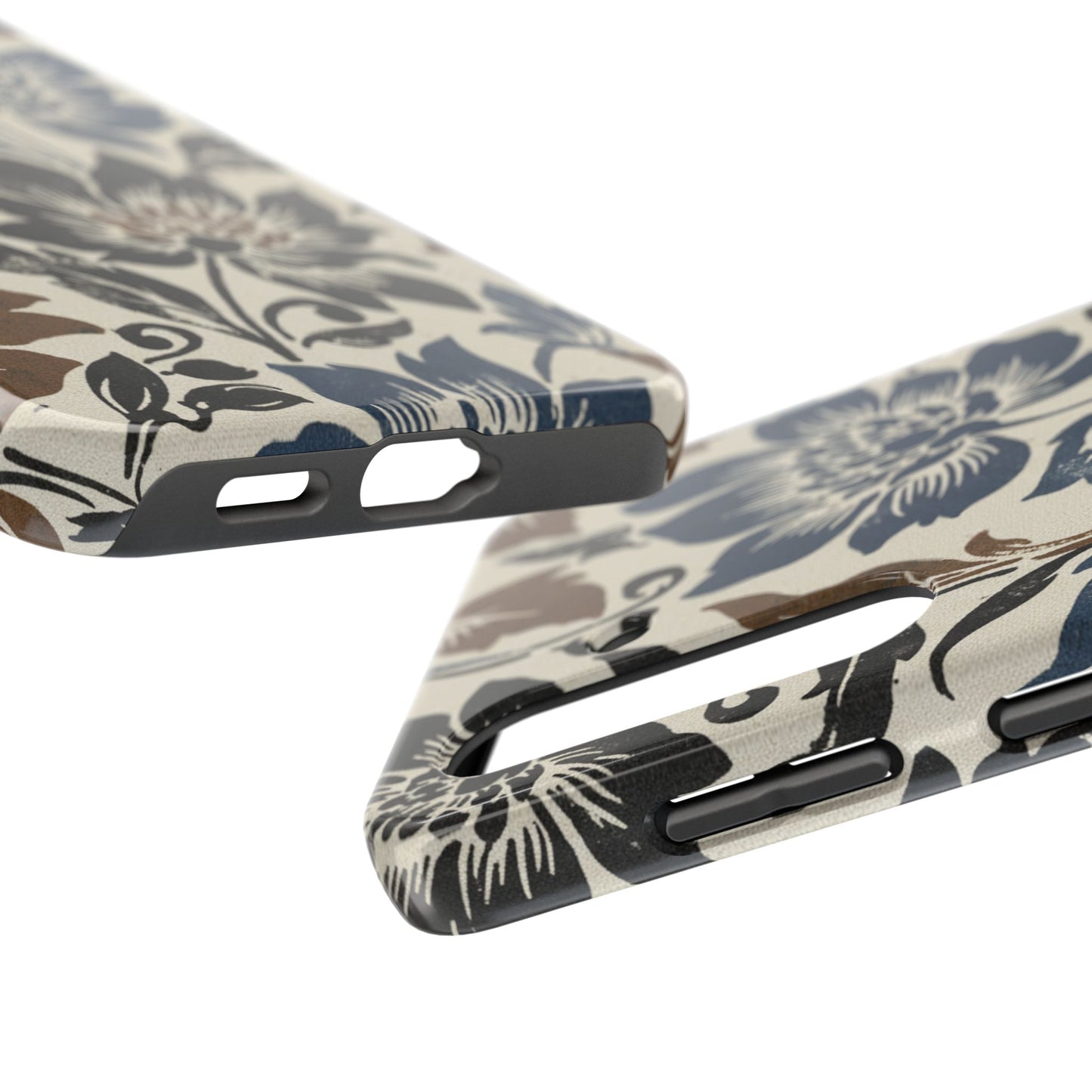 Floral Vintage Tough Phone Case — Blue & Brown Botanical Protection
