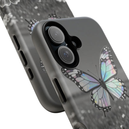 Butterfly Field Tough Phone Case — Pastel Holographic Butterfly on Black & White Floral Background