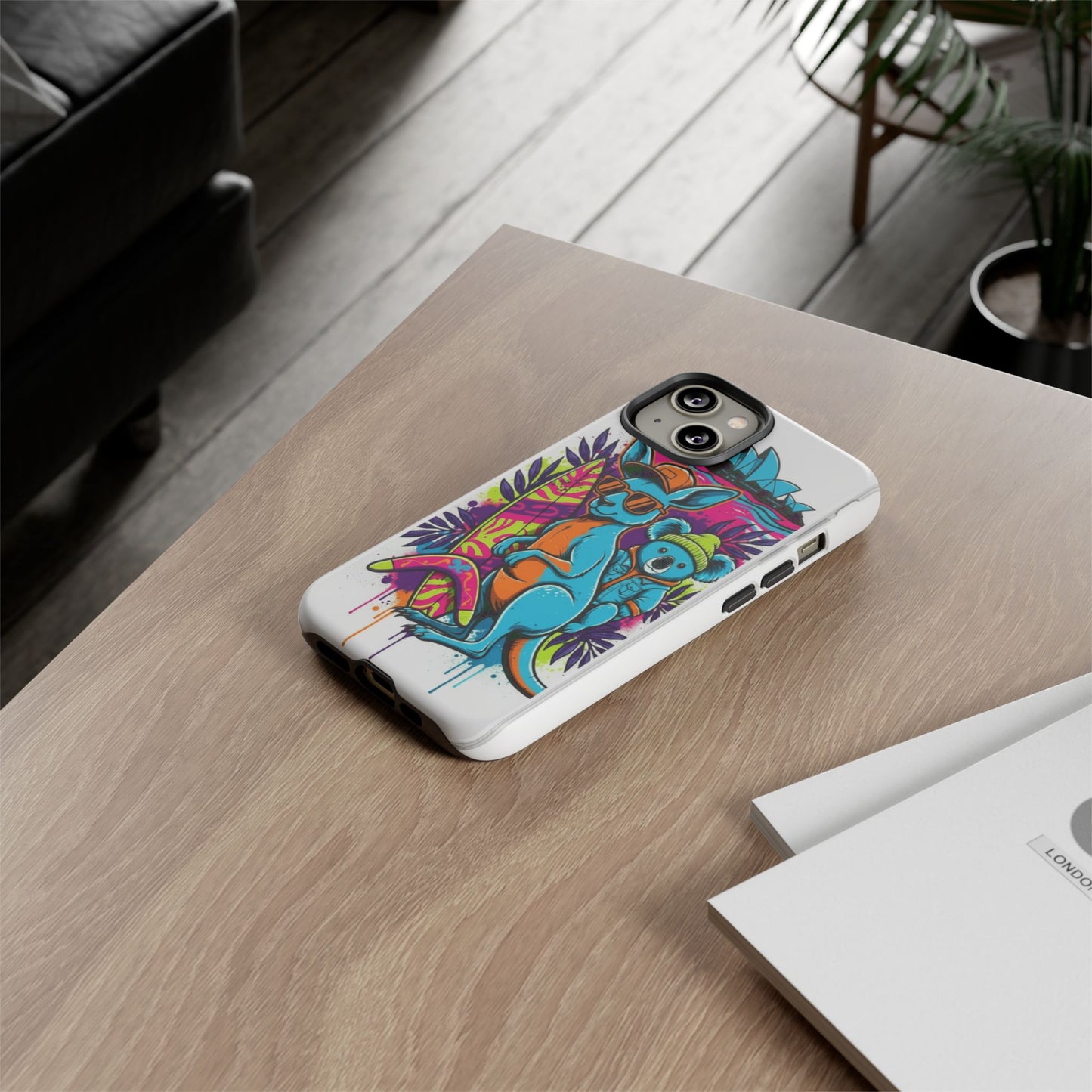 Kangaroo & Koala Surf Phone Case — Retro Neon Beach Art Tough Case