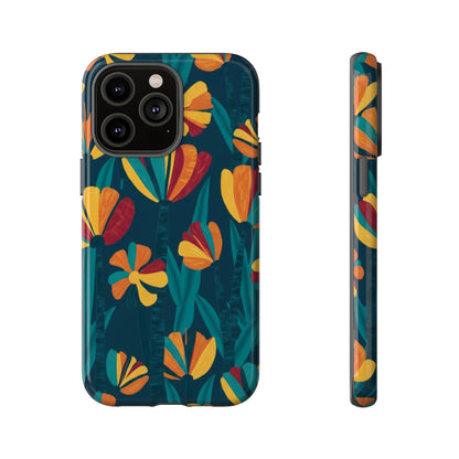 Floral Retro Teal Tough Phone Case — Vibrant Orange & Mustard Blooms
